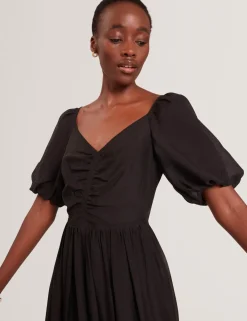 Puff Sleeve Ruched Midi Waisted Dress