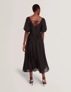 Puff Sleeve Ruched Midi Waisted Dress