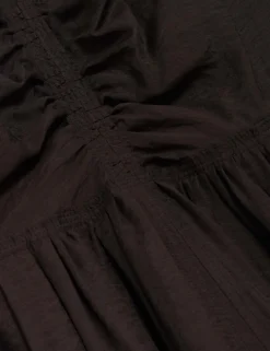 Puff Sleeve Ruched Midi Waisted Dress
