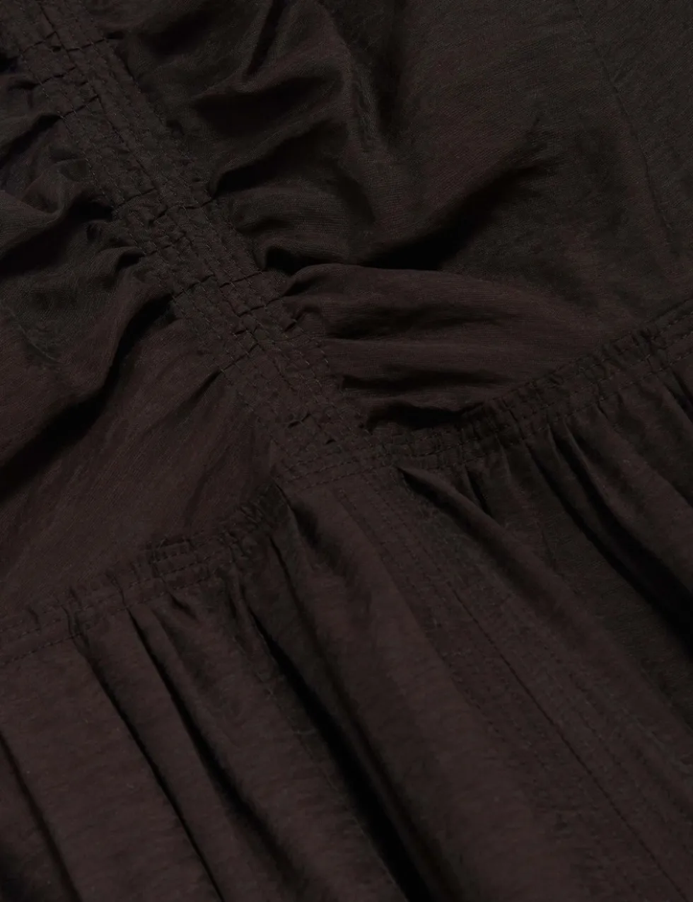 Puff Sleeve Ruched Midi Waisted Dress