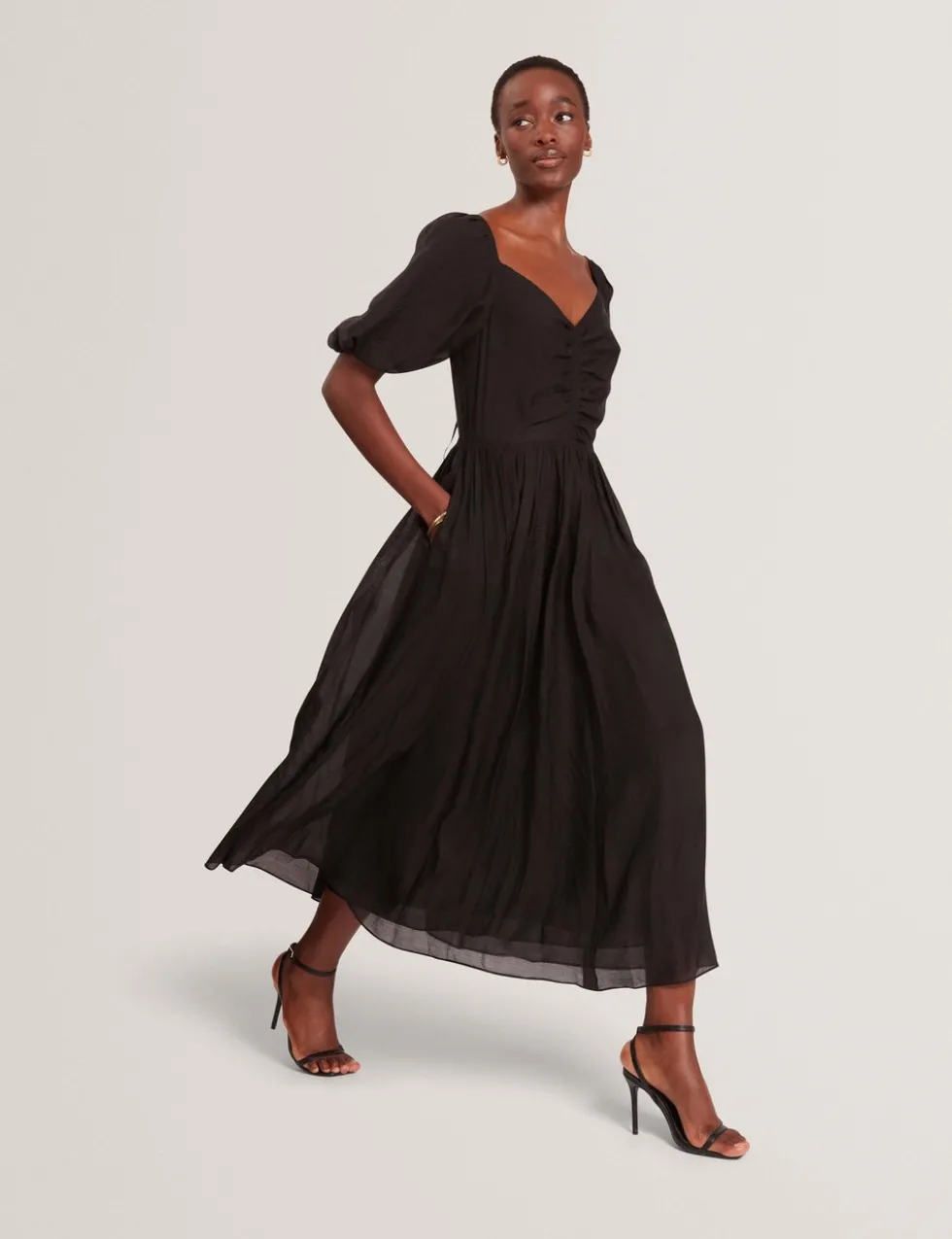 Puff Sleeve Ruched Midi Waisted Dress