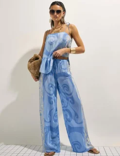 Pure Cotton Abstract Print Wide Leg Trousers