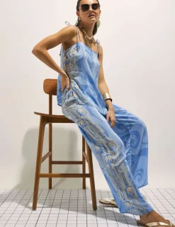 Pure Cotton Abstract Print Wide Leg Trousers