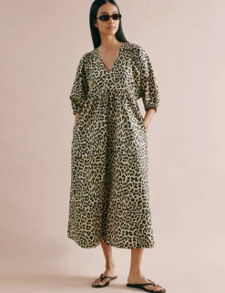 Pure Cotton Animal Print V-Neck Midi Skater Dress
