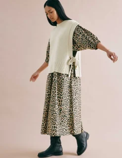 Pure Cotton Animal Print V-Neck Midi Skater Dress