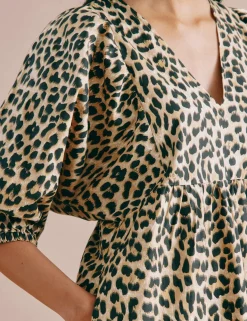 Pure Cotton Animal Print V-Neck Midi Skater Dress