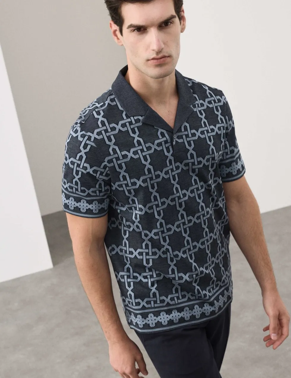 Pure Cotton AOP Geo Revere Jacquard Polo