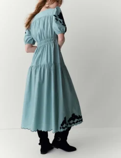 Pure Cotton Appliqué Midaxi Waisted Dress