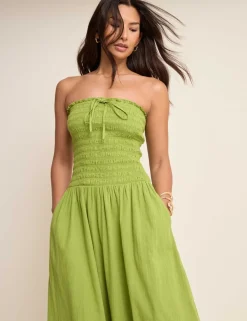Pure Cotton Bandeau Midi Shirred Dress
