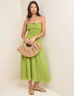 Pure Cotton Bandeau Midi Shirred Dress