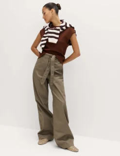 Pure Cotton Belted Straight Leg Trousers