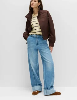 Pure Cotton Belted Wide Leg Turn Up Jeans