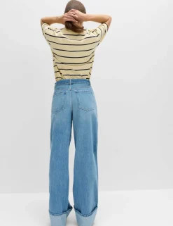 Pure Cotton Belted Wide Leg Turn Up Jeans