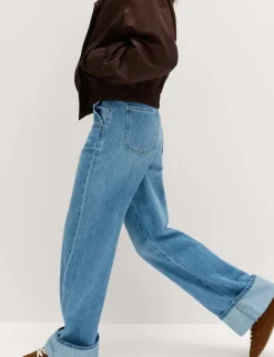 Pure Cotton Belted Wide Leg Turn Up Jeans