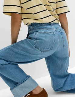Pure Cotton Belted Wide Leg Turn Up Jeans
