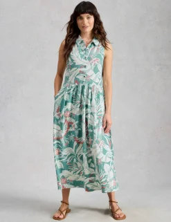 Pure Cotton Bird Print Maxi Waisted Dress