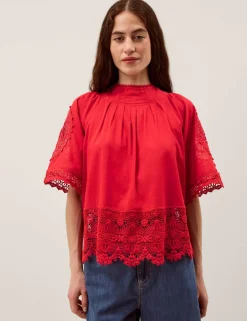 Pure Cotton Broderie High Neck Top