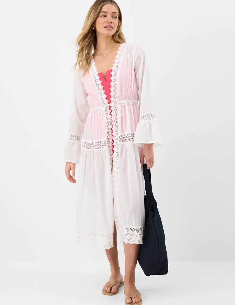 Pure Cotton Broderie Midi Relaxed Kimono