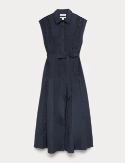 Pure Cotton Broderie Midi Shirt Dress