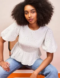 Pure Cotton Broderie Puff Sleeve Peplum Top