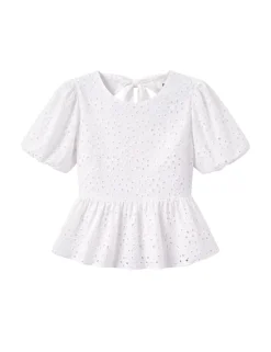 Pure Cotton Broderie Puff Sleeve Peplum Top