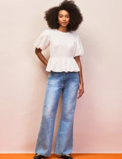 Pure Cotton Broderie Puff Sleeve Peplum Top