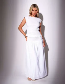 Pure Cotton Broderie Round Neck Shirred Top