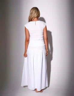 Pure Cotton Broderie Round Neck Shirred Top
