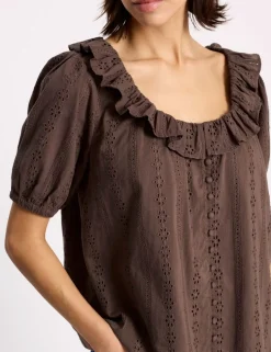 Pure Cotton Broderie Scoop Neck Ruffle Top