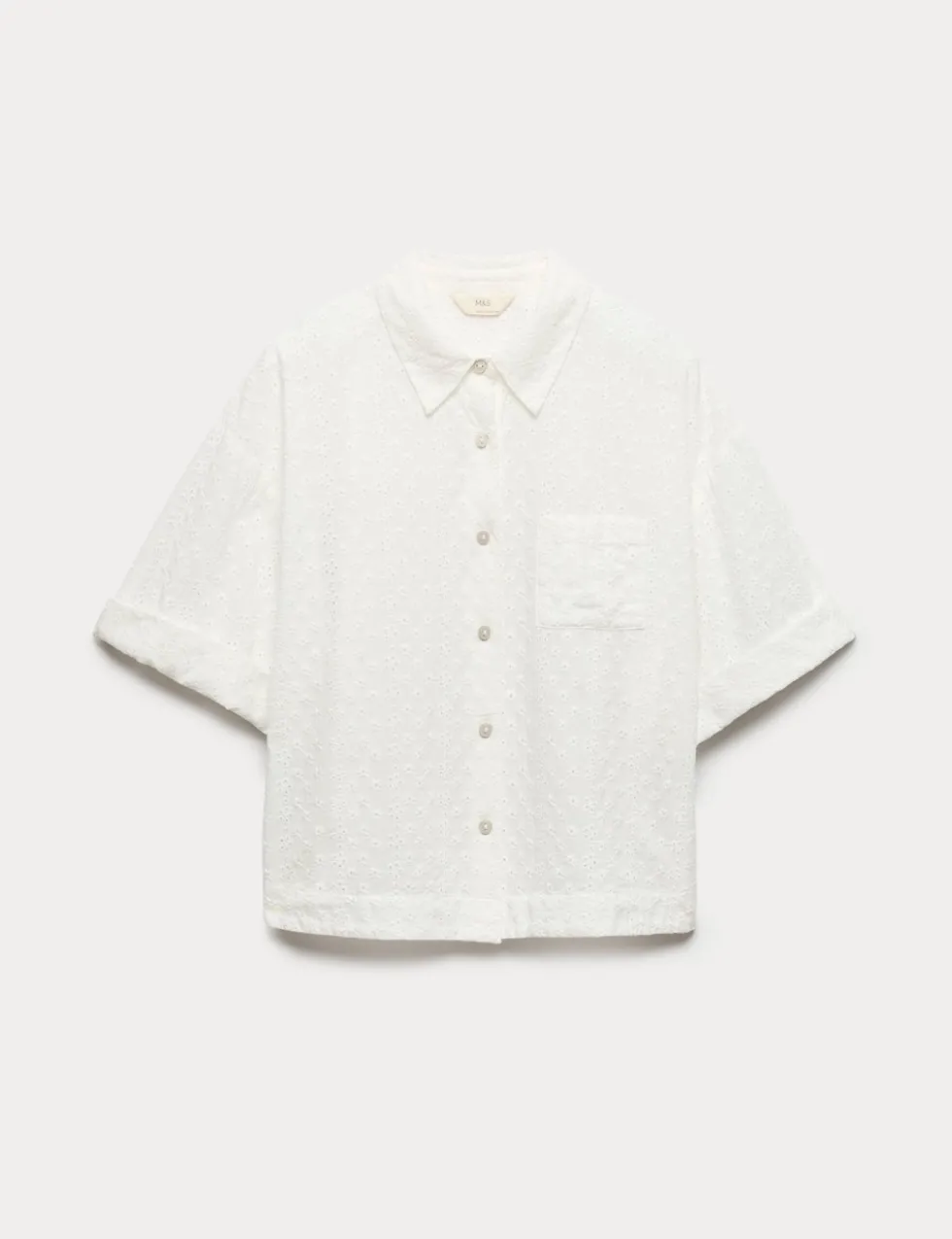 Pure Cotton Broderie Short Sleeve Pyjama Shirt