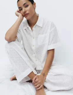 Pure Cotton Broderie Short Sleeve Pyjama Shirt