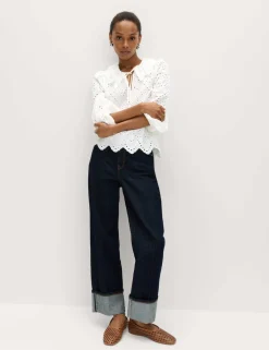 Pure Cotton Broderie Tie Front Blouse