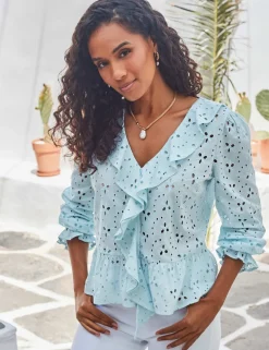 Pure Cotton Broderie V-Neck Ruffle Blouse