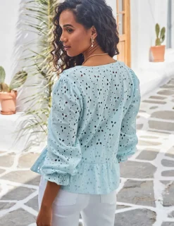 Pure Cotton Broderie V-Neck Ruffle Blouse