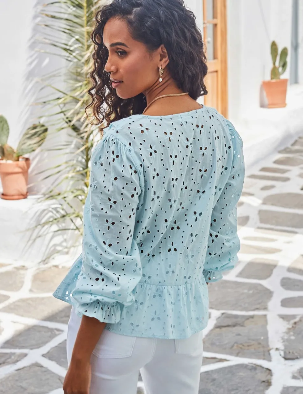 Pure Cotton Broderie V-Neck Ruffle Blouse