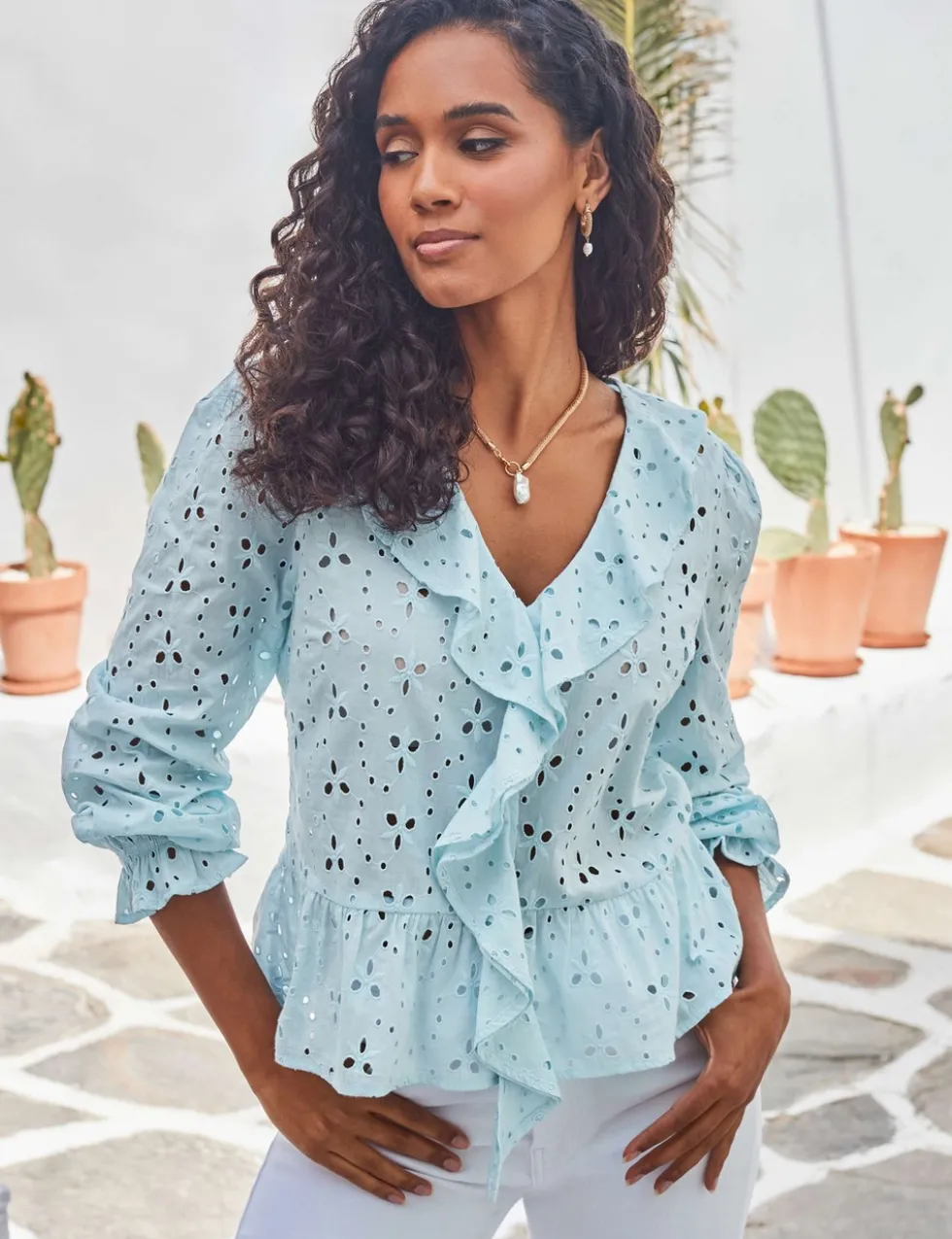 Pure Cotton Broderie V-Neck Ruffle Blouse
