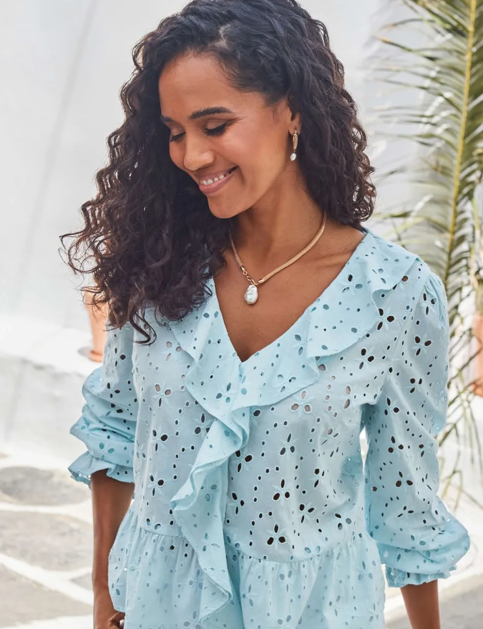 Pure Cotton Broderie V-Neck Ruffle Blouse