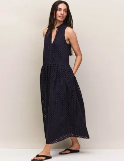 Pure Cotton Broderie V-Neck Midi Column Dress
