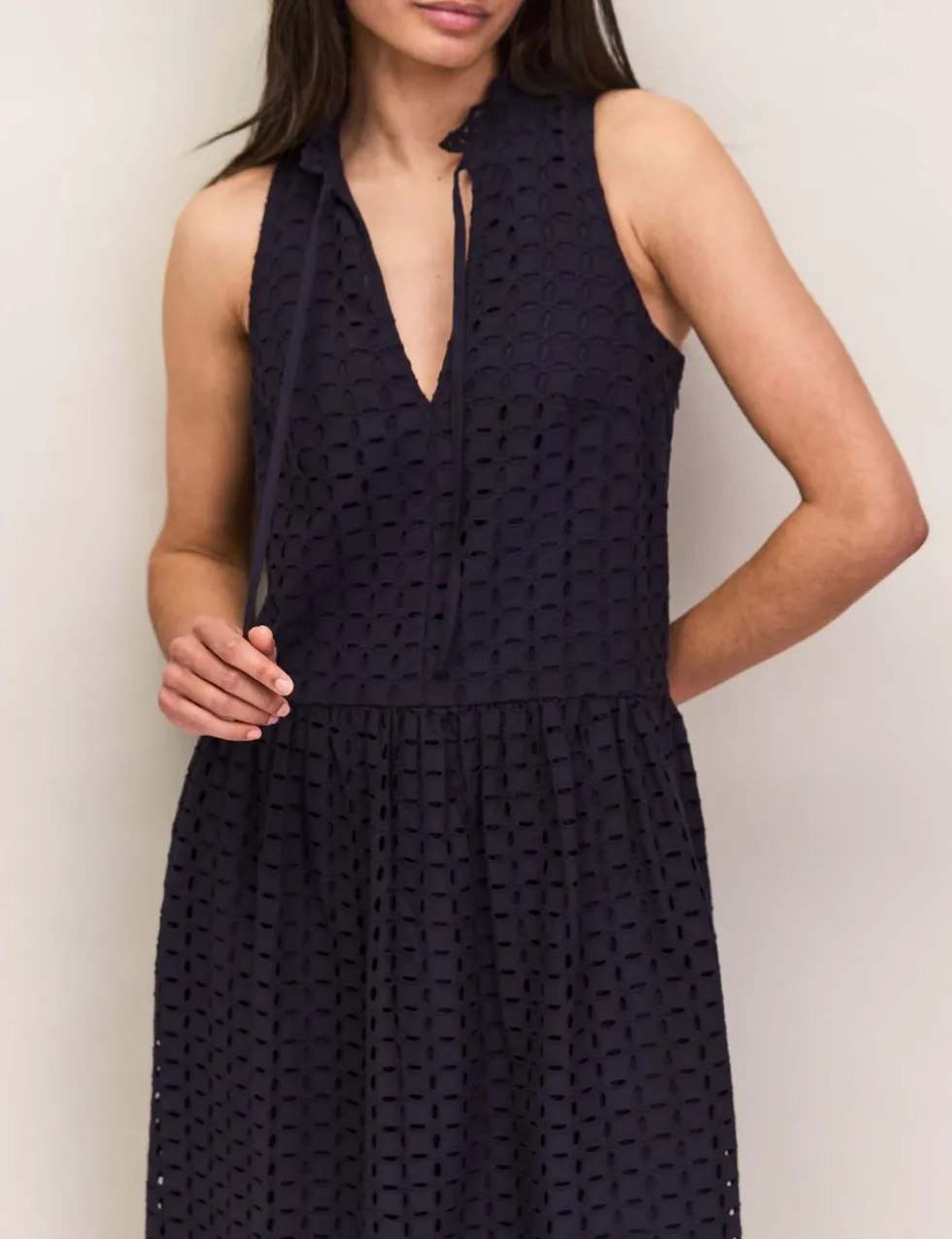 Pure Cotton Broderie V-Neck Midi Column Dress