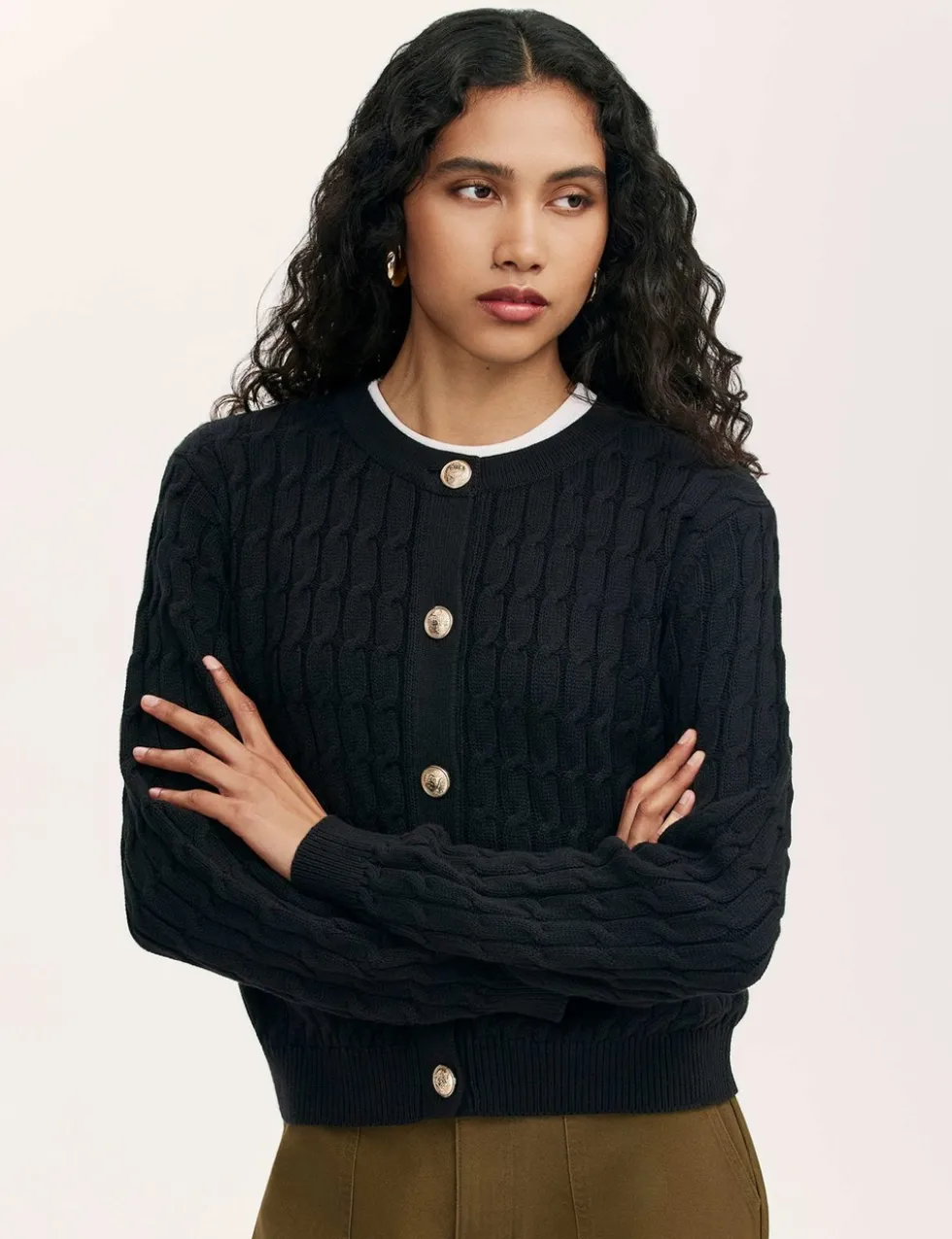 Pure Cotton Cable Knit Crew Neck Cardigan