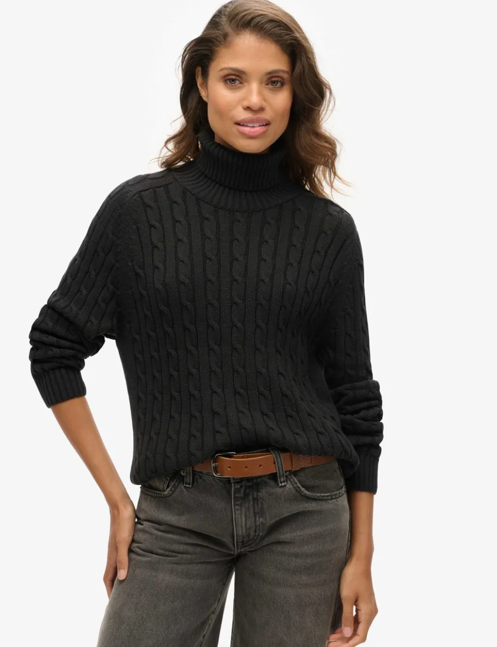 Pure Cotton Cable Knit Roll Neck Jumper