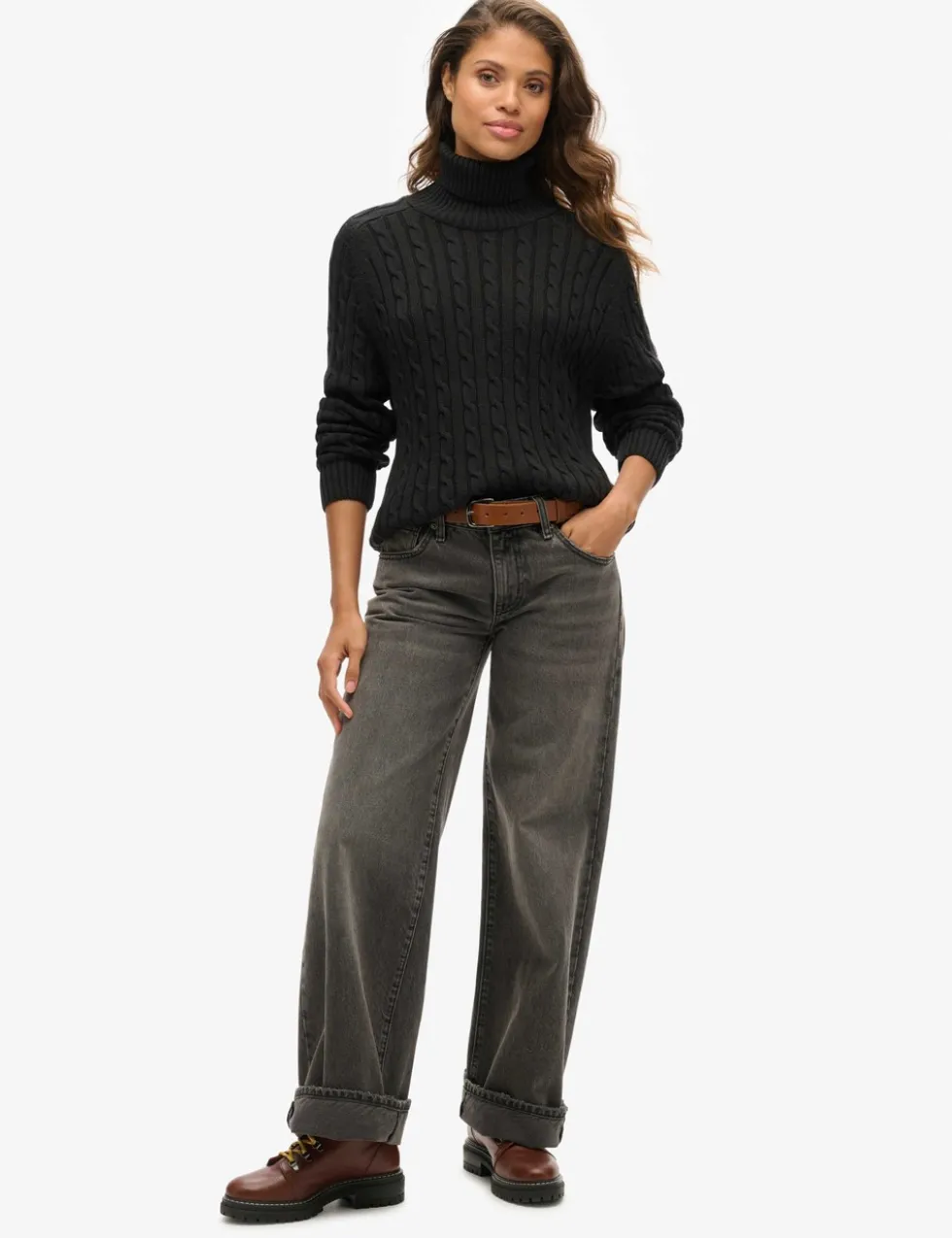 Pure Cotton Cable Knit Roll Neck Jumper