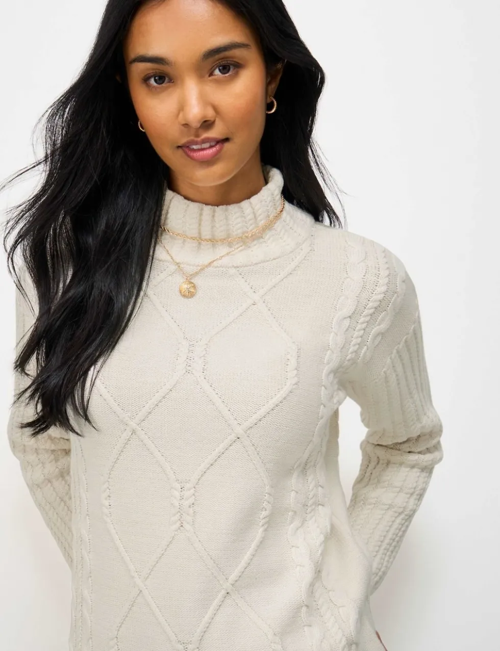 Pure Cotton Cable Knit Roll Neck Jumper