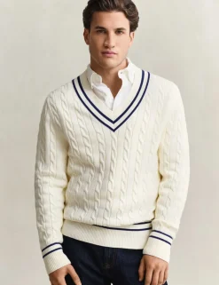 Pure Cotton Cable V-Neck Jumper