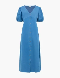 Pure Cotton Chambray Puff Sleeve Midi Dress