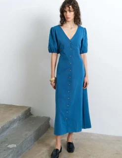 Pure Cotton Chambray Puff Sleeve Midi Dress