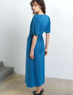 Pure Cotton Chambray Puff Sleeve Midi Dress