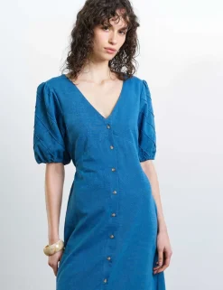 Pure Cotton Chambray Puff Sleeve Midi Dress