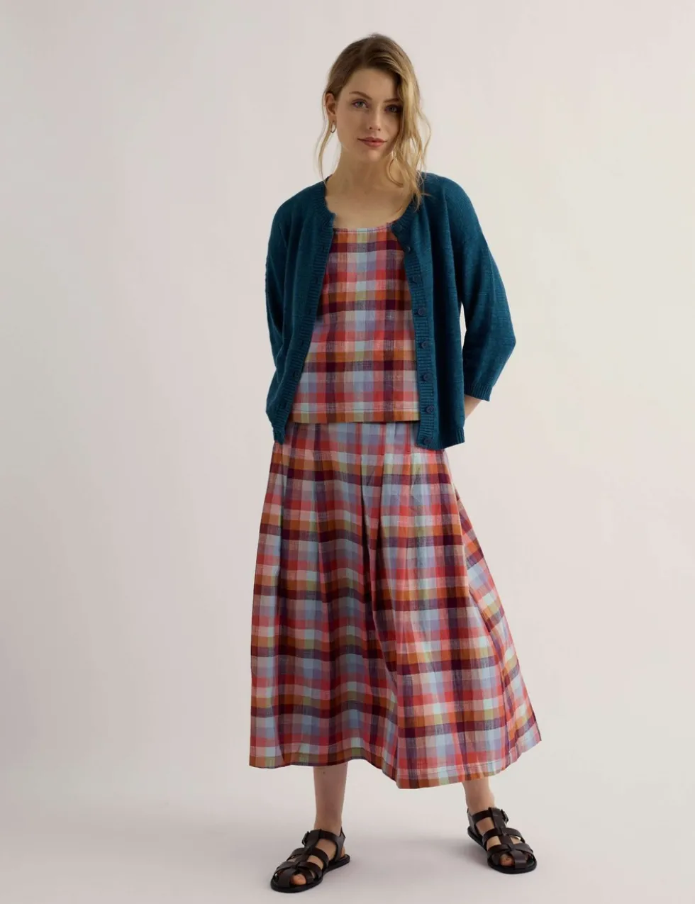 Pure Cotton Checked A-Line Midi Skirt
