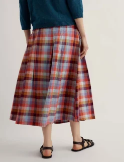Pure Cotton Checked A-Line Midi Skirt